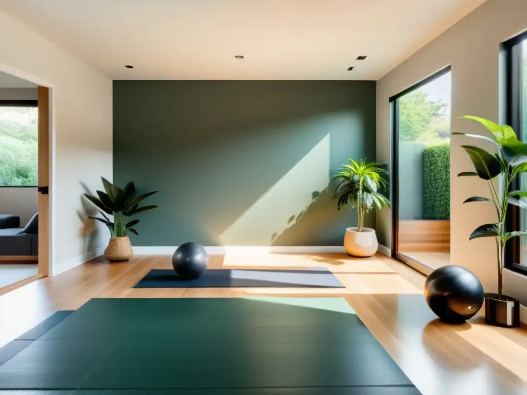 Un gimnasio en casa sereno y minimalista con iluminación natural, líneas limpias y elementos de feng shui