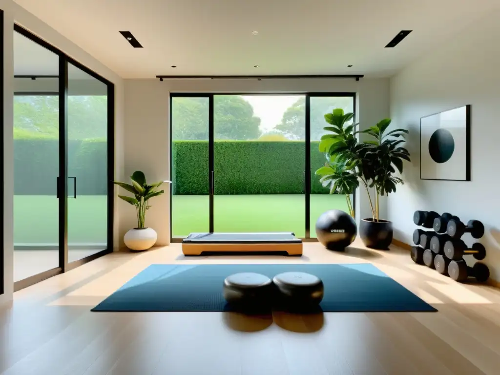 Feng Shui para diseño gimnasio: Un gimnasio en casa sereno con luz natural, plantas y pesas equilibradas, emanando armonía y tranquilidad