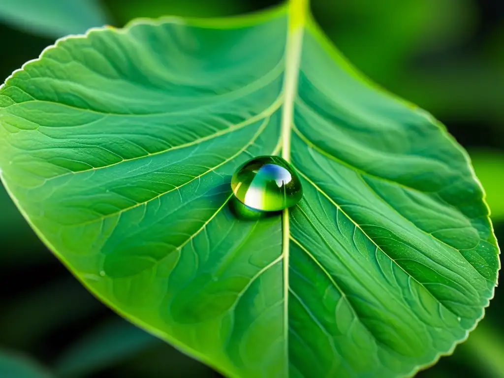 Una gota de agua tranquila reposa en una hoja verde vibrante, con una luz suave iluminando la escena