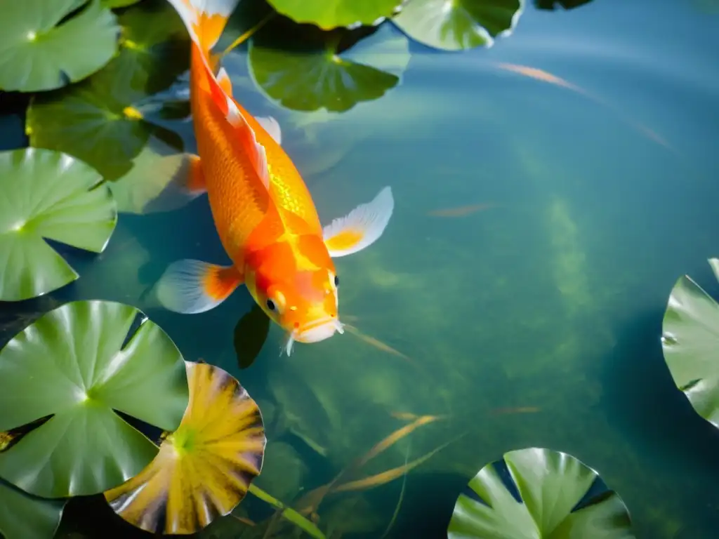 Un koi naranja nada grácil en un sereno estanque, evocando armonía y prosperidad en el hogar