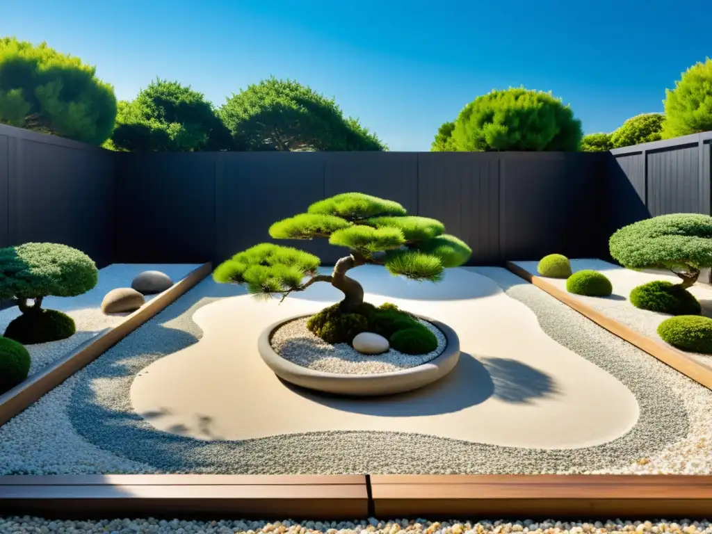 Jardín zen armonioso con bonsáis y estanque sereno Jardín zen con grava blanca, bonsáis y estanque, creando armonización del hogar con Feng Shui en un escenario sereno y equilibrado