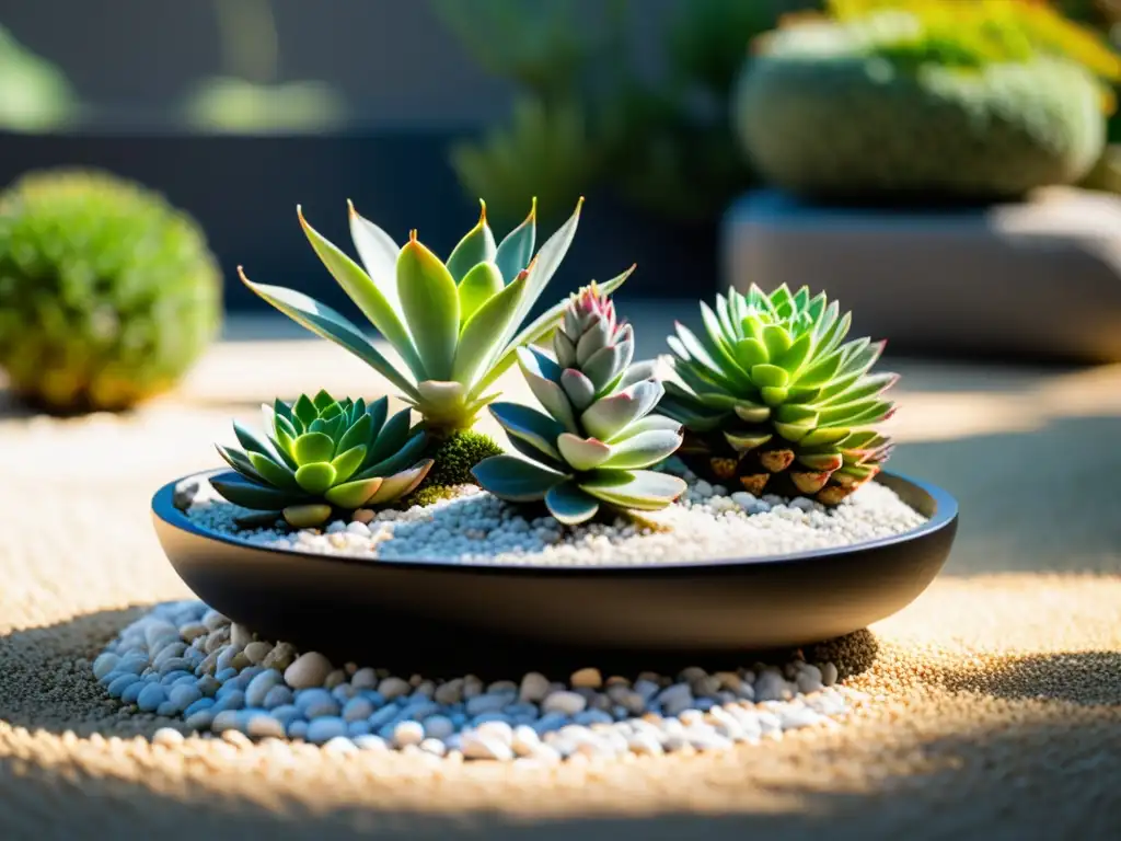 Un jardín zen con grava blanca cuidadosamente rastrillada alrededor de una formación rocosa, acompañada de suculentas y un bonsái