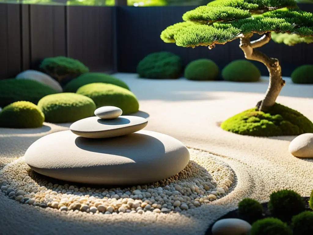 Un jardín zen con grava blanca cuidadosamente rastrillada, rodeado de grandes piedras lisas y árboles bonsái podados