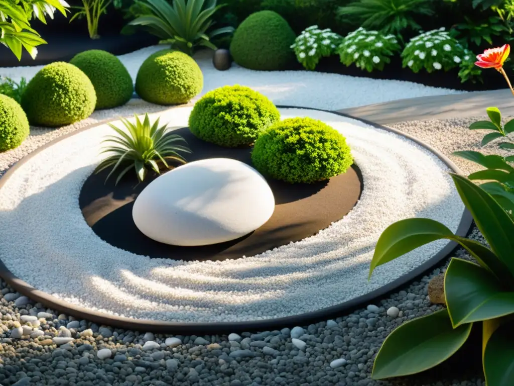 Jardín zen con grava blanca y rocas rodeado de exuberante vegetación y flores vibrantes