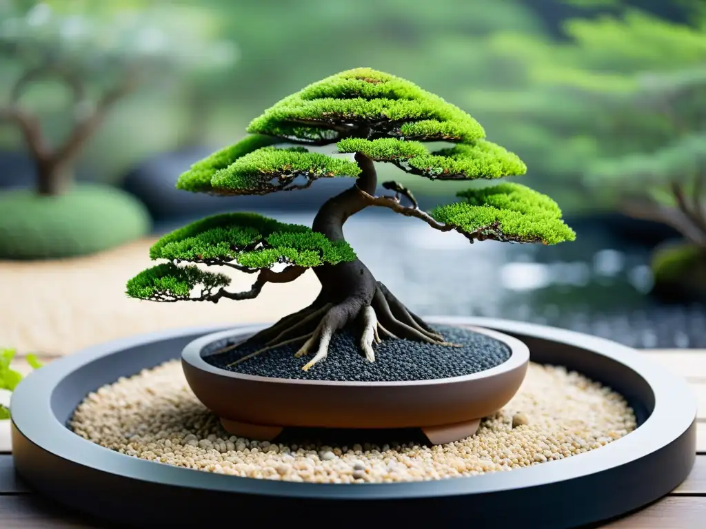 Un jardín Zen con grava cuidadosamente rastrillada, rodeado de suaves rocas de río y un único bonsái en una maceta simple