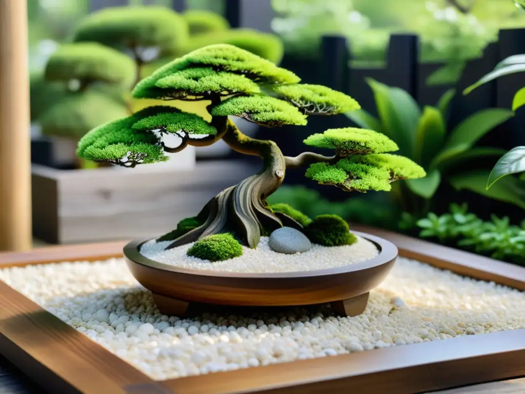 Jardín Zen con gravilla blanca, bonsáis cuidados y linternas de piedra, rodeado de una valla de madera y plantas curativas para armonía Feng Shui