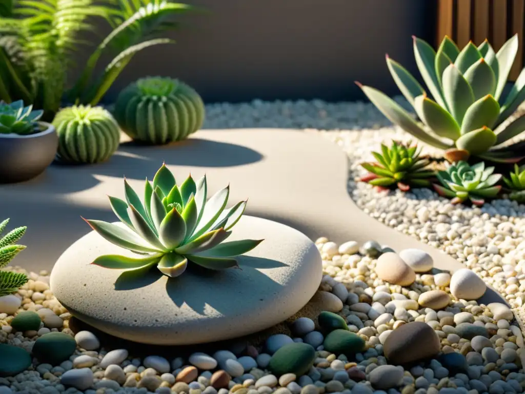 Un jardín zen con gravilla blanca cuidadosamente rastrillada y plantas tóxicas en el Feng Shui, en tonos de verde