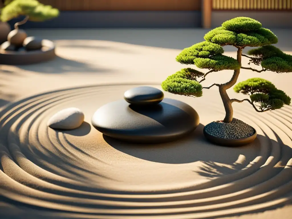 Un jardín Zen con gravilla cuidadosamente rastrillada, rocas y bonsáis