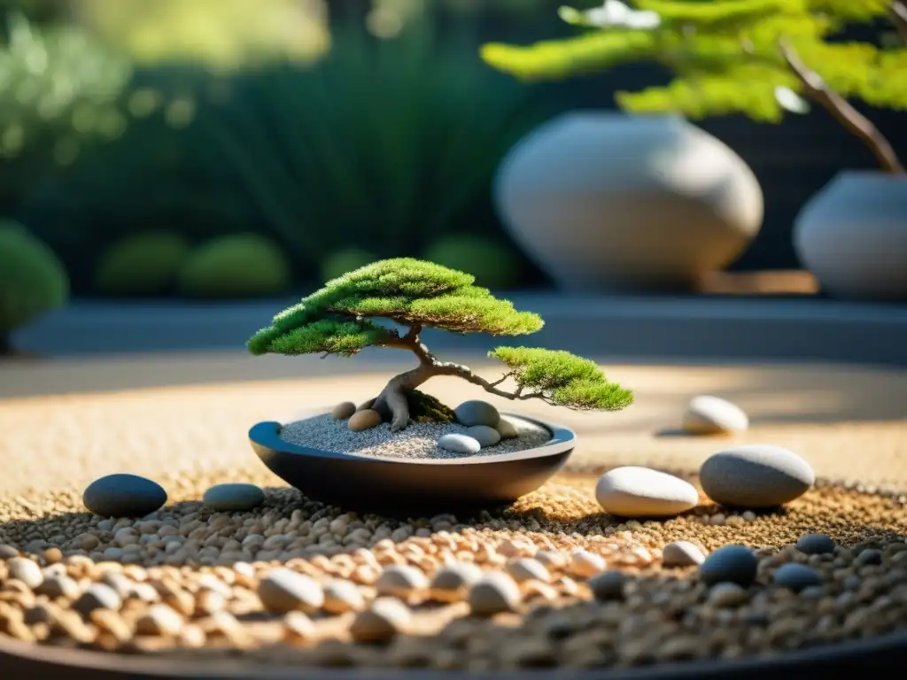 Jardín zen con gravilla cuidadosamente rastrillada, rocas suaves y un bonsái