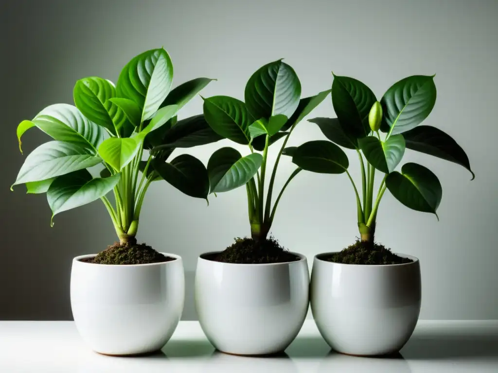 Grupo de plantas de interior Feng Shui en macetas blancas, iluminadas por suave luz natural, emitiendo una sensación de prosperidad y tranquilidad