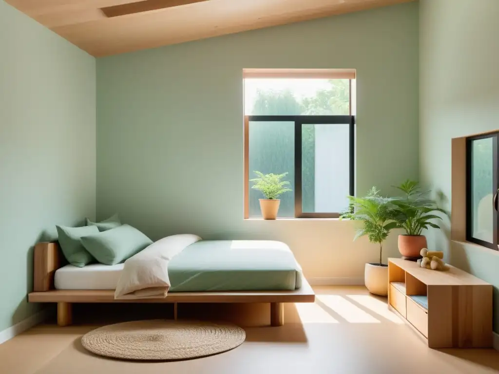 Una habitación infantil minimalista inspirada en el Feng Shui, con colores suaves y muebles de madera natural, promoviendo calma y creatividad