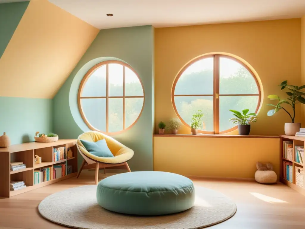 Una habitación infantil minimalista con muebles de madera natural, tonos suaves y luz dorada, promoviendo el Feng Shui en habitaciones infantiles