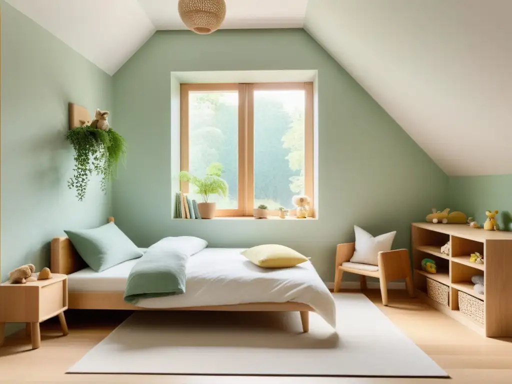 Una habitación infantil serena y minimalista con colores suaves, muebles de madera natural y un área de juego despejada