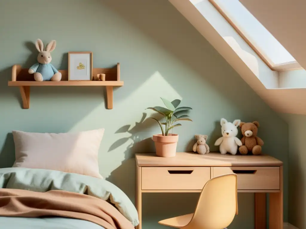 Una habitación infantil serena y minimalista con una paleta de colores suaves, muebles de madera abiertos y luz natural