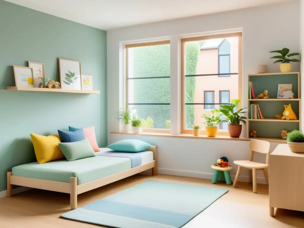 Una habitación infantil serena y minimalista, con muebles de madera clara, paredes blancas y toques suaves en tonos pastel