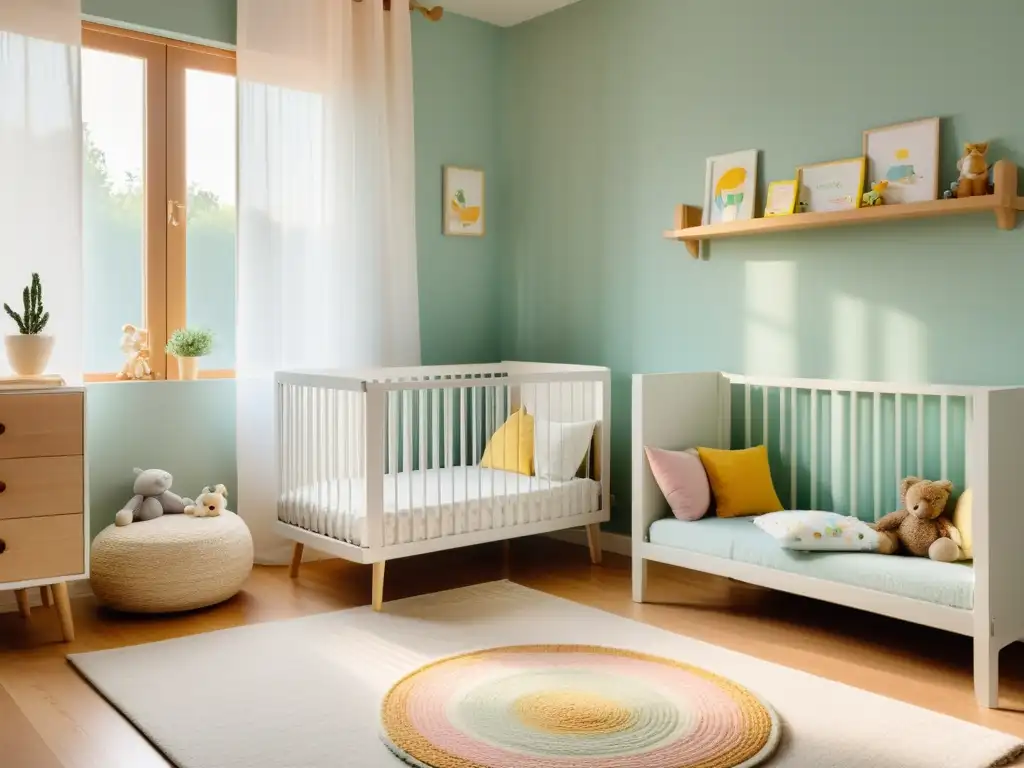 Una habitación infantil serena con plantas en habitaciones infantiles Feng Shui, cuna blanca y libros coloridos