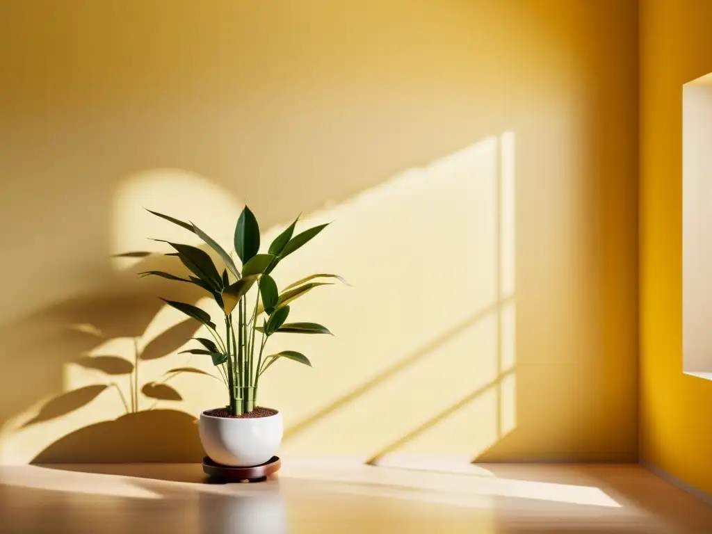 Una habitación serena con decoración Feng Shui en amarillo, evocando tranquilidad y el significado del color amarillo en Feng Shui