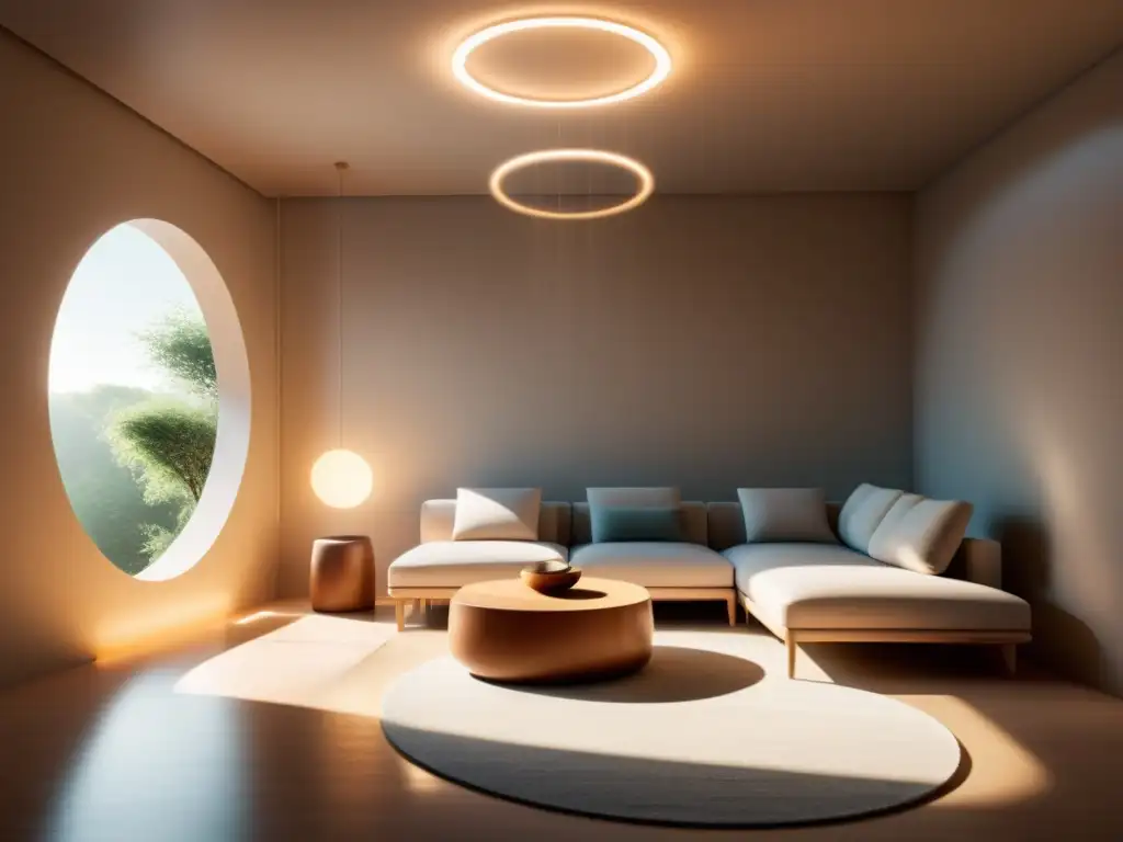 Espacio sereno iluminado por círculos energéticos Una habitación serena bañada por círculos de energía, transmitiendo protección y paz