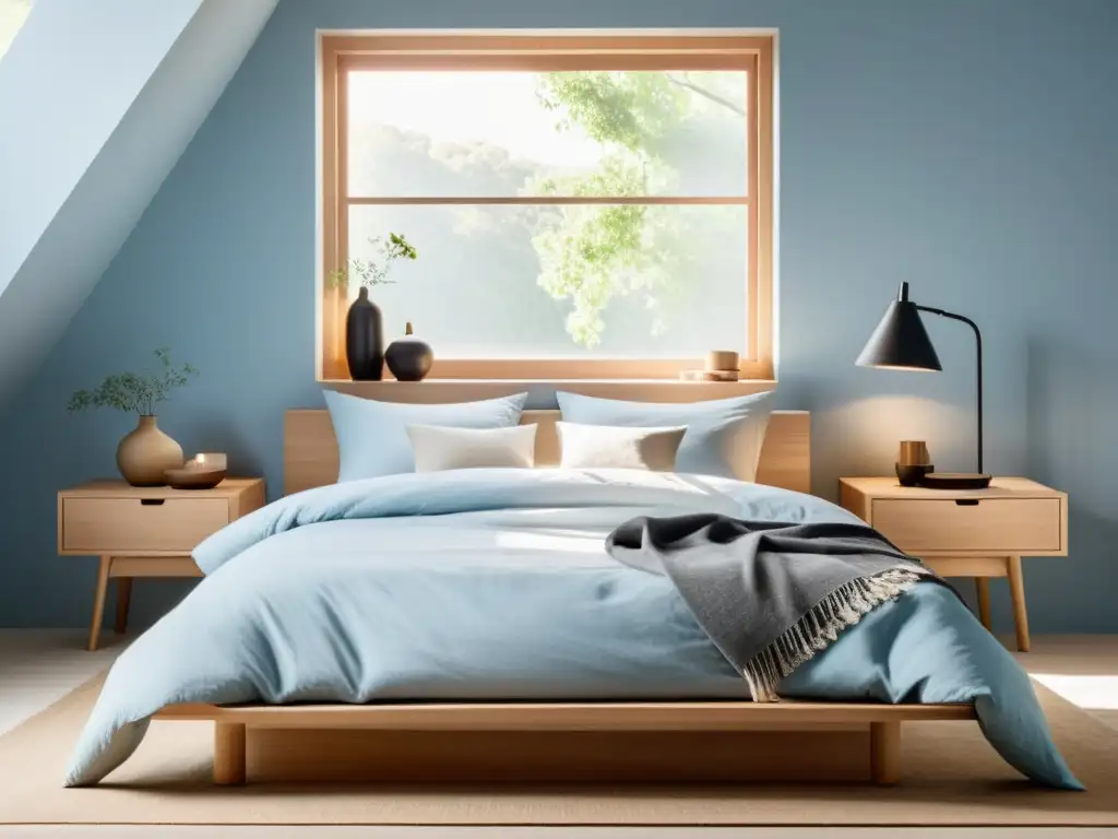 Una habitación serena con una cama de plataforma baja en madera clara, ropa de cama suave en tonos neutros y cojines decorativos