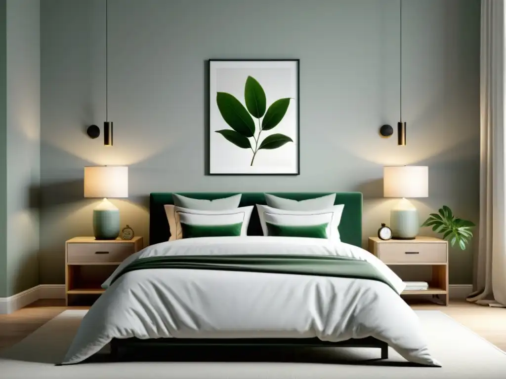 Una habitación serena con elementos de feng shui, decorada en tonos grises con un toque de color verde de una planta