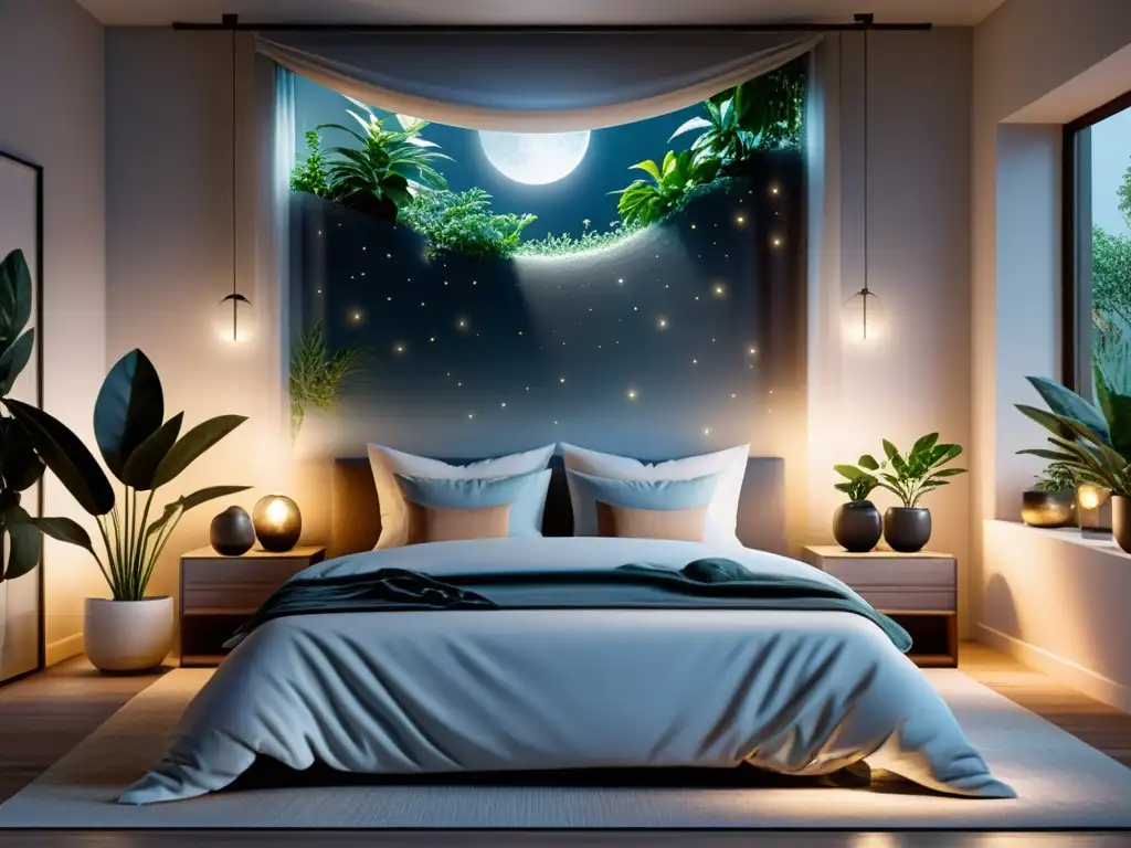 Una habitación serena con energía lunar, limpieza y equilibrio, ideal para la limpieza energética hogar Feng Shui lunar