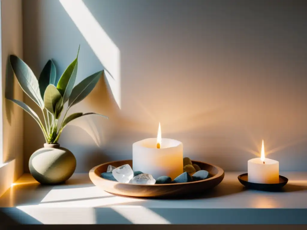 Una habitación serena iluminada por el sol con cristales y salvia, para rituales limpieza energética hogar