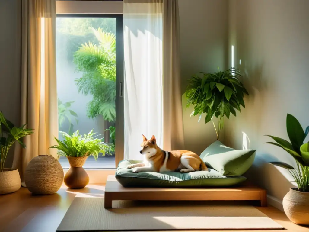 Una habitación serena iluminada por el sol, con una acogedora cama para mascotas, rodeada de plantas verdes y cortinas ondeando suavemente