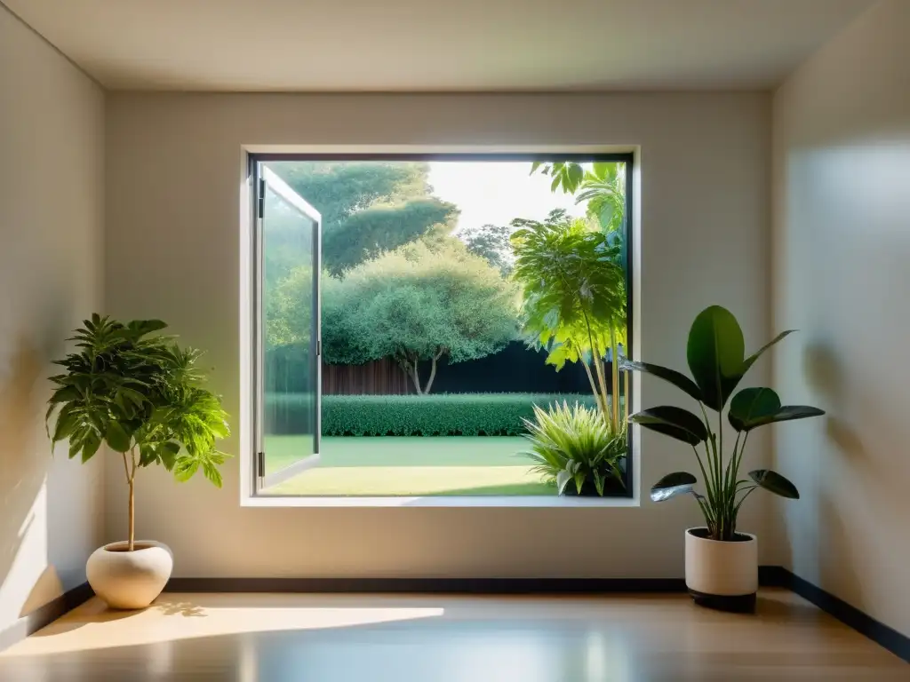 Una habitación serena con luz natural y decoración minimalista, ideal para optimizar la entrada de energía feng shui