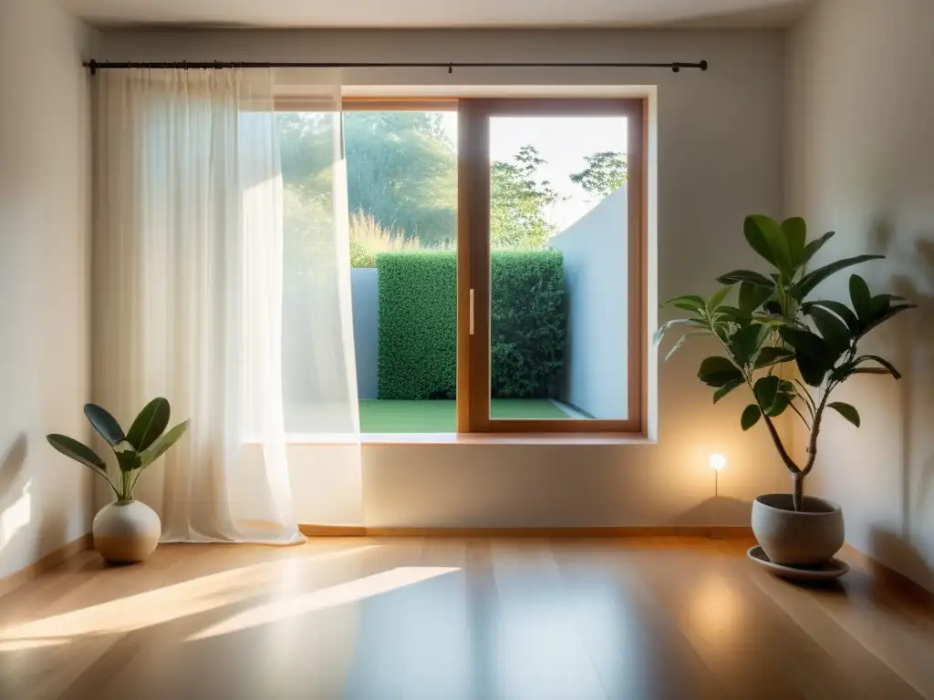 Una habitación serena con luz suave y ventana abierta que da a un jardín tranquilo, ideal para técnicas de limpieza energética en el hogar