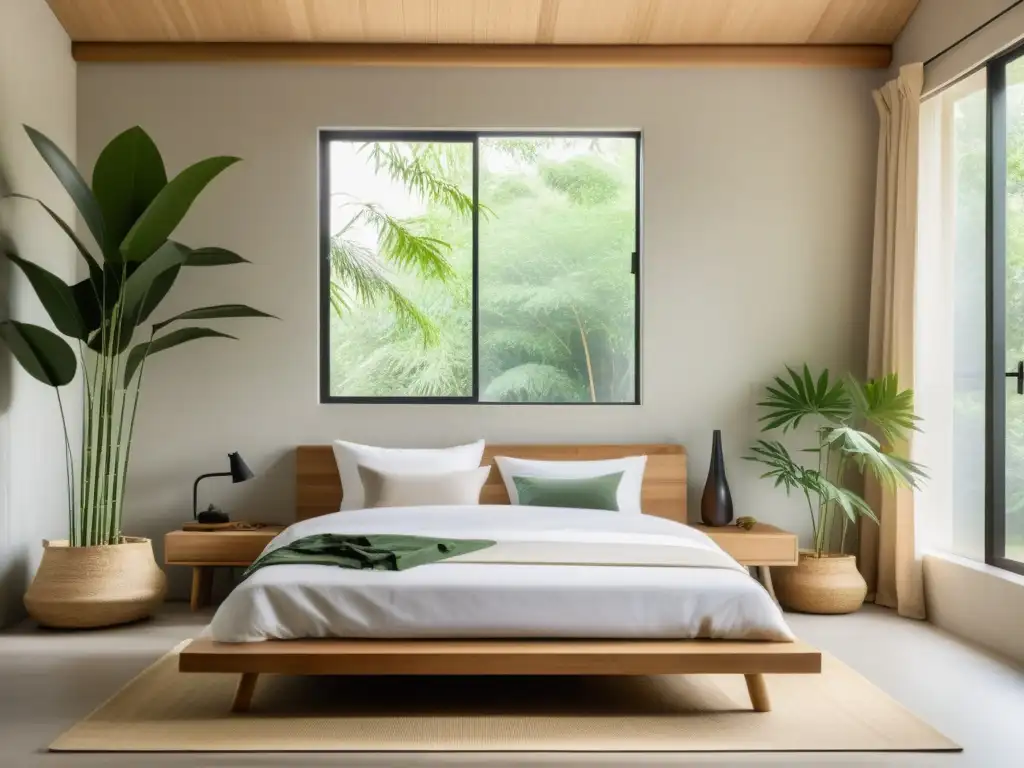 Una habitación serena con materiales biodegradables en Feng Shui: cama de bambú, cortinas de lino, alfombra de yute y planta en la mesita de noche