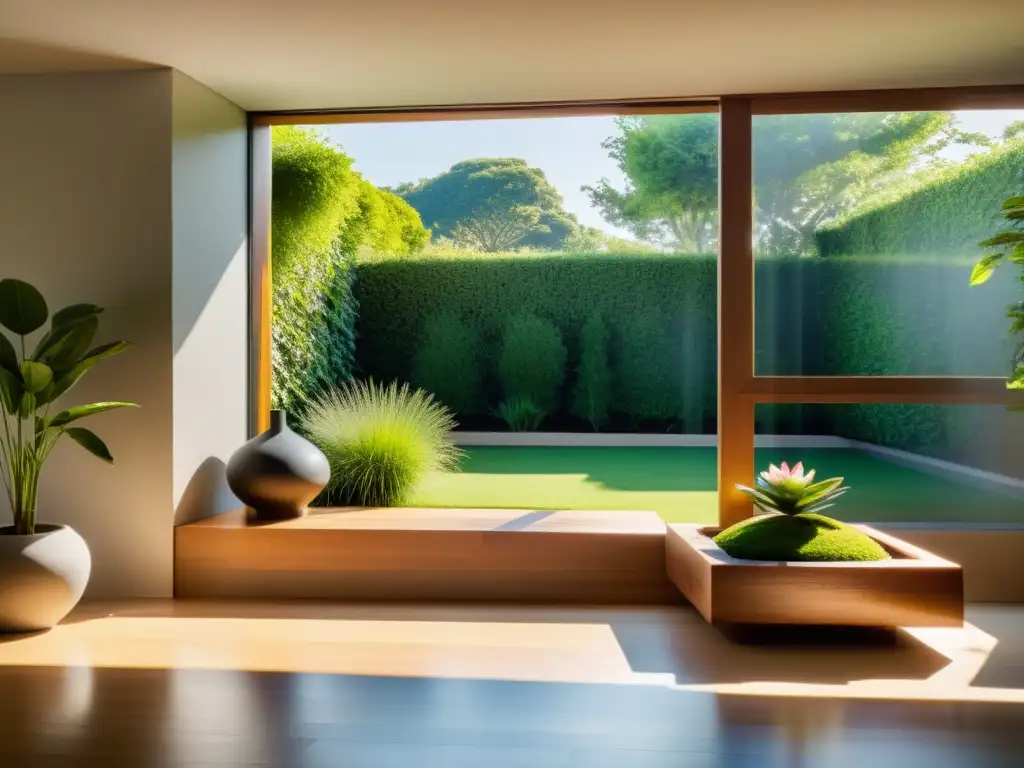 Una habitación serena y minimalista con purificación del aire en Feng Shui, decoración natural y luz solar cálida