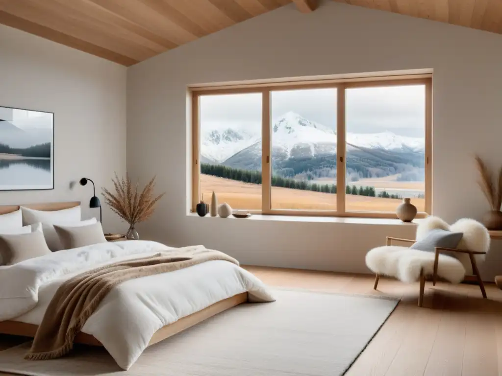 Una habitación serena y minimalista con tonos suaves, una cama acogedora y una gran ventana con vista a un paisaje nevado