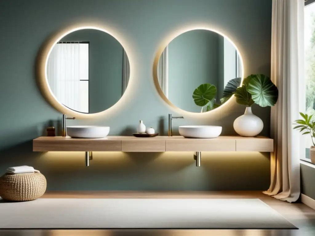 Una habitación serena con el uso adecuado de espejos Feng Shui, reflejando luz natural y creando amplitud y armonía