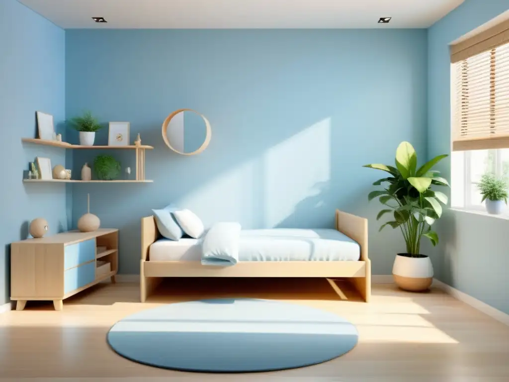 Decoración Feng Shui para habitaciones infantiles: Dormitorio infantil sereno y minimalista con muebles de madera clara y elementos equilibrados