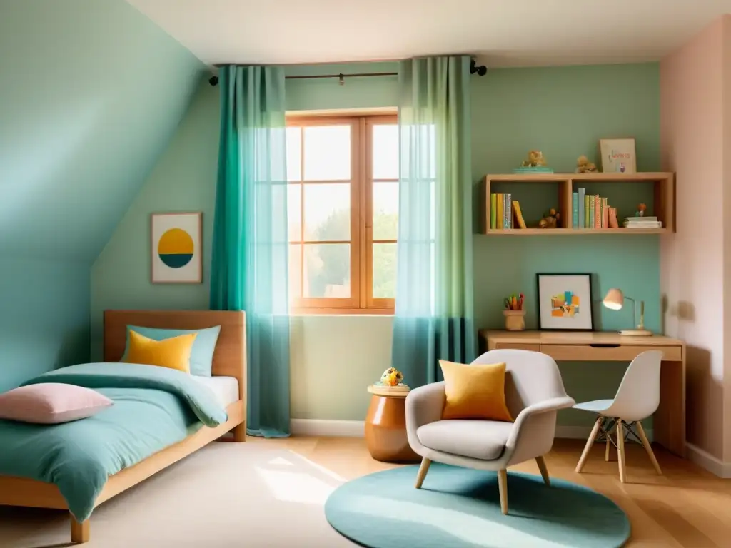 Decoración Feng Shui para habitaciones infantiles: Dormitorio infantil sereno y minimalista con luz natural y muebles de madera