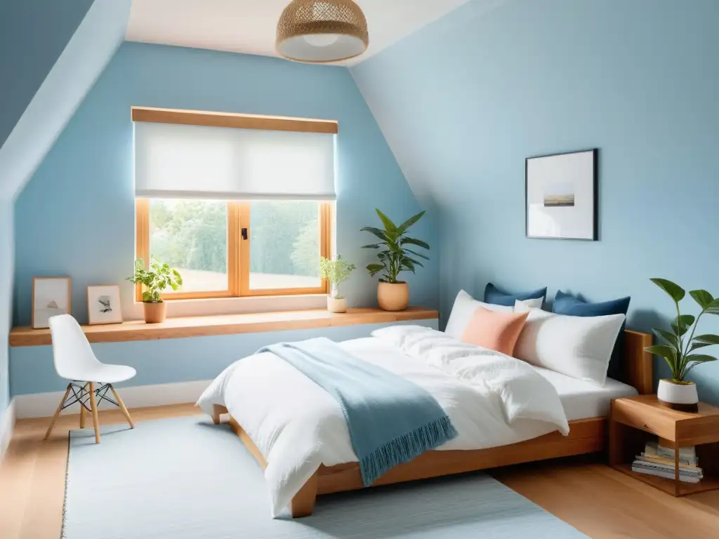 Decoración Feng Shui para habitaciones infantiles: Dormitorio infantil sereno con tonos azules, ventana amplia y acogedor rincón de lectura