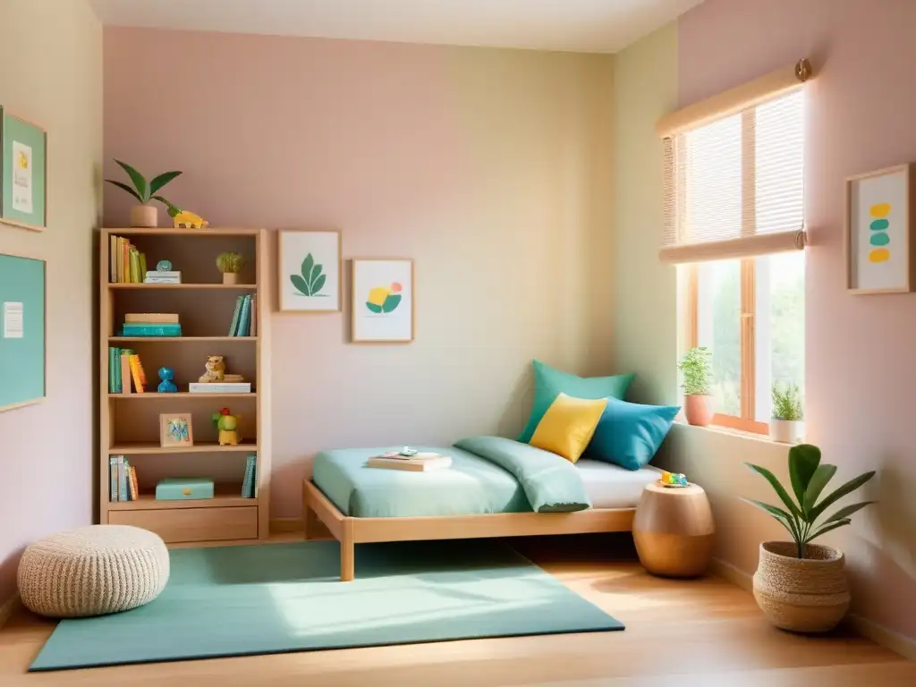 Decoración Feng Shui para habitaciones infantiles: un dormitorio infantil sereno y minimalista con paredes suaves y muebles de madera natural