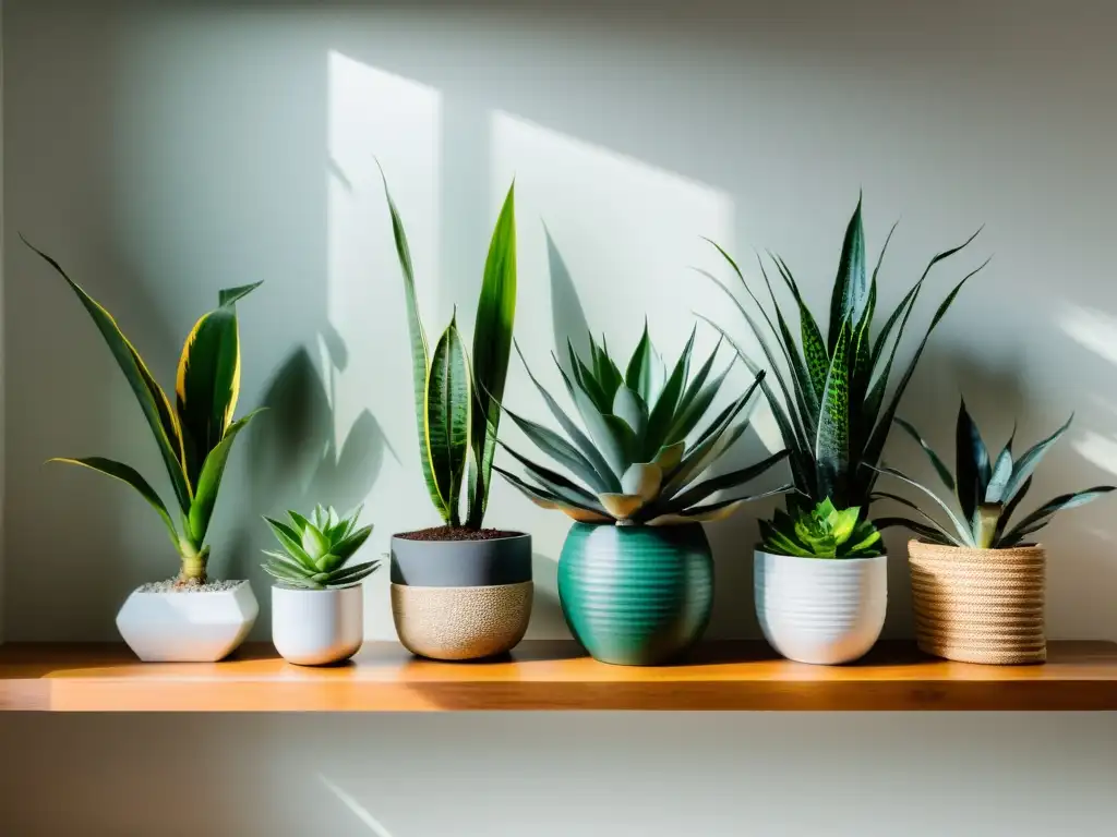 Una hermosa armonía de plantas de interior en una estantería de madera, proyectando sombras suaves