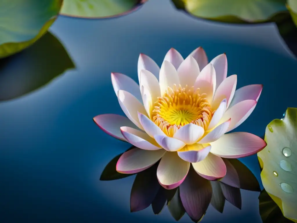 Una hermosa flor de loto fresca flotando en el agua, iluminada por el suave sol dorado