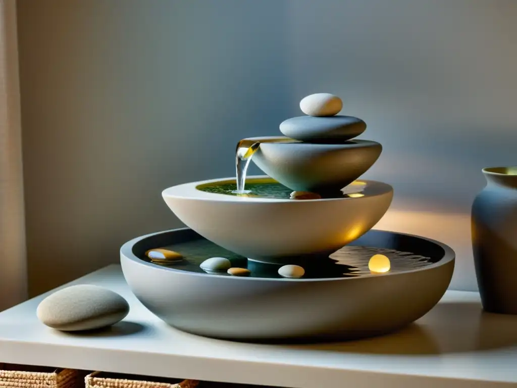 Una hermosa fuente interior con una colocación de fuentes agua para prosperidad, creando un ambiente sereno y tranquilizador