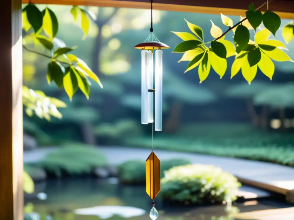 Un hermoso furin japonés cuelga en un jardín zen, creando un ambiente sereno con campanas de viento móviles Feng Shui