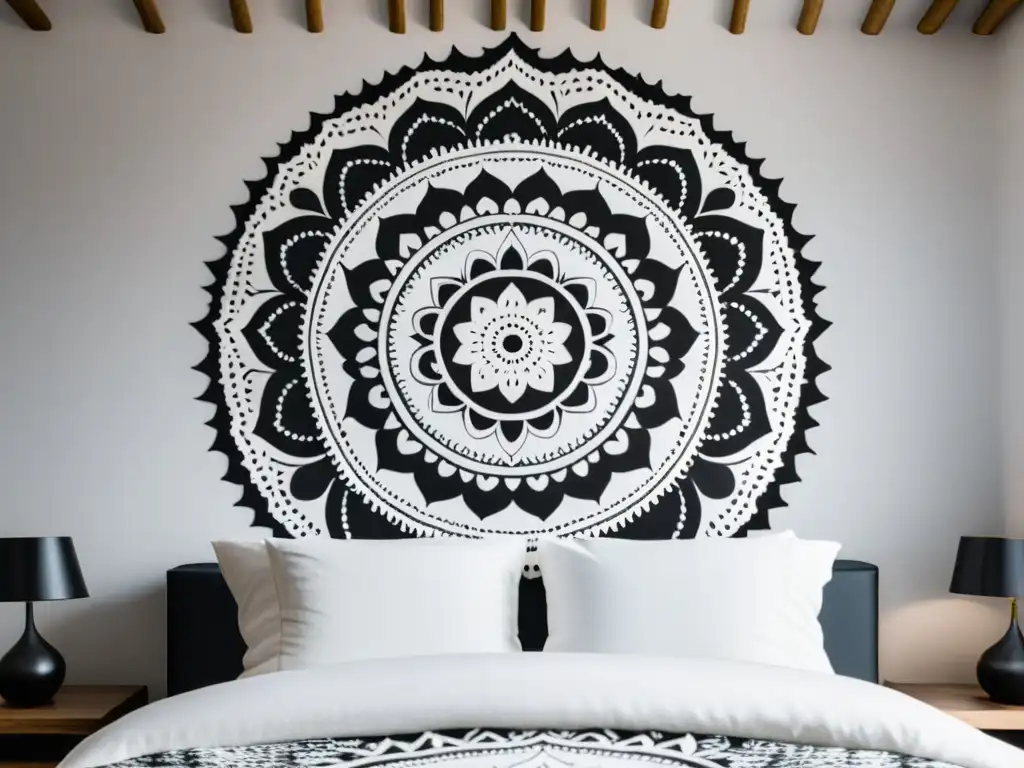 Un hermoso mandala en blanco y negro cuelga en la pared, creando armonía y calma en un hogar inspirado en el Feng Shui