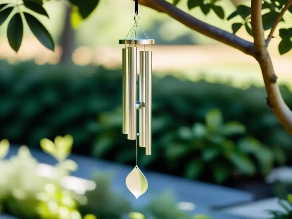 Un hermoso conjunto de campanas de viento en Feng Shui, colgando en un jardín tranquilo, con un diseño geométrico y elegante, reflejando tranquilidad