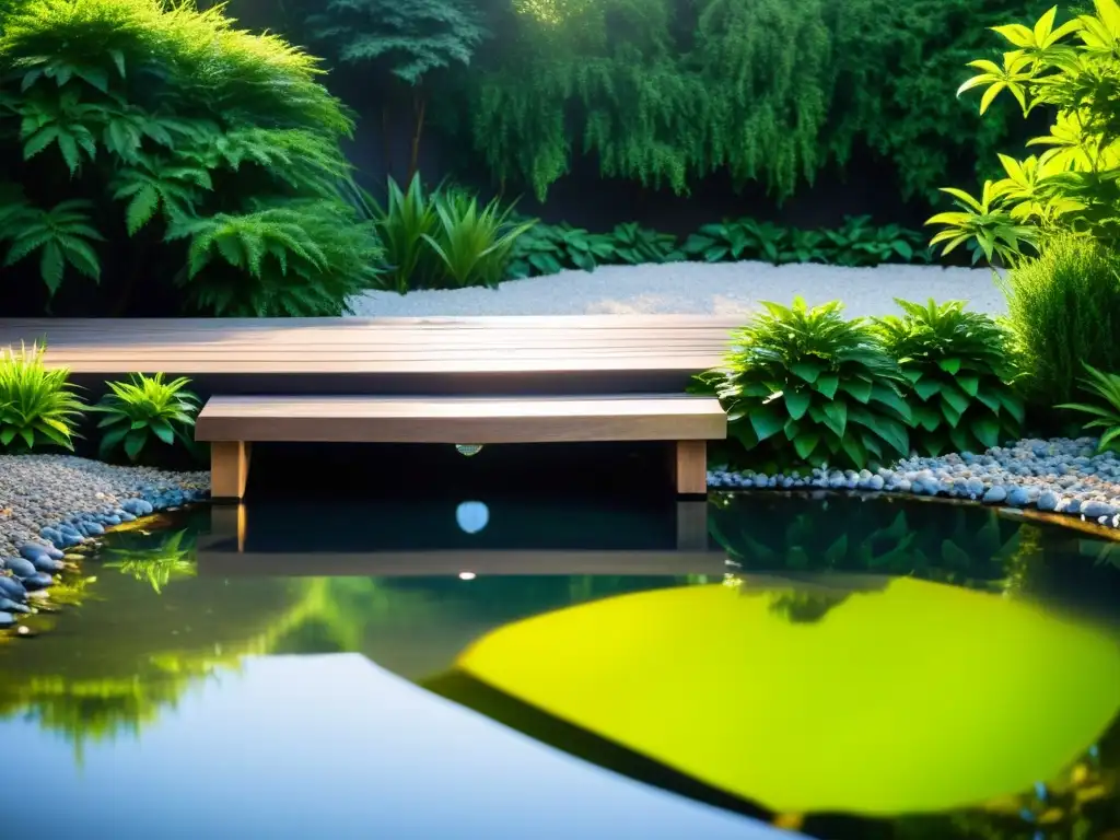 Un hermoso jardín zen con una fuente de agua tranquila, rodeado de plantas exuberantes y un puente de madera al fondo