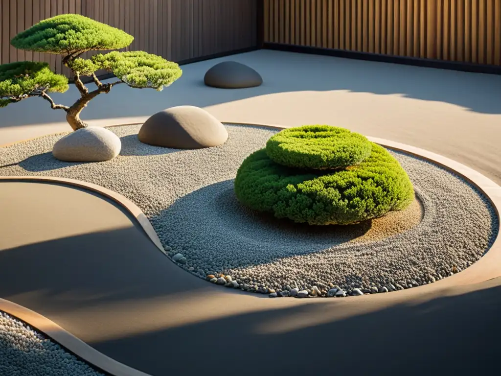 Un hermoso jardín Zen con grava cuidadosamente rastrillada, rocas estratégicamente colocadas y un árbol podado en armonía