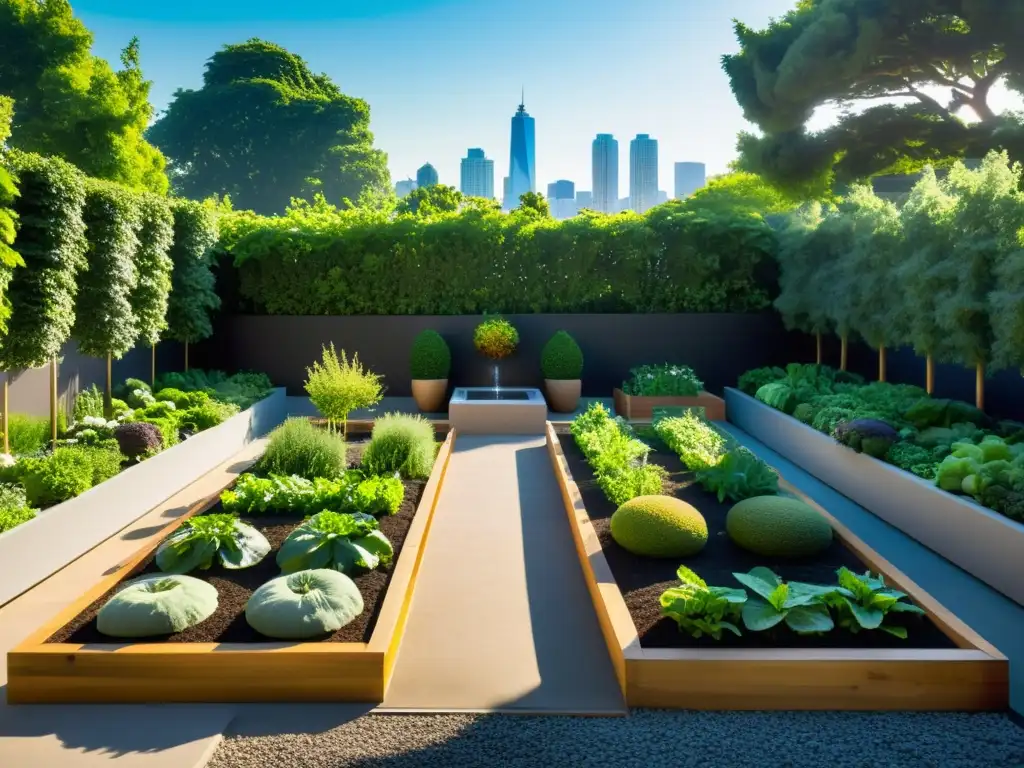 Un hermoso huerto urbano diseño Feng Shui con camas elevadas dispuestas en un patrón armonioso, rodeado de vegetales y frutas vibrantes