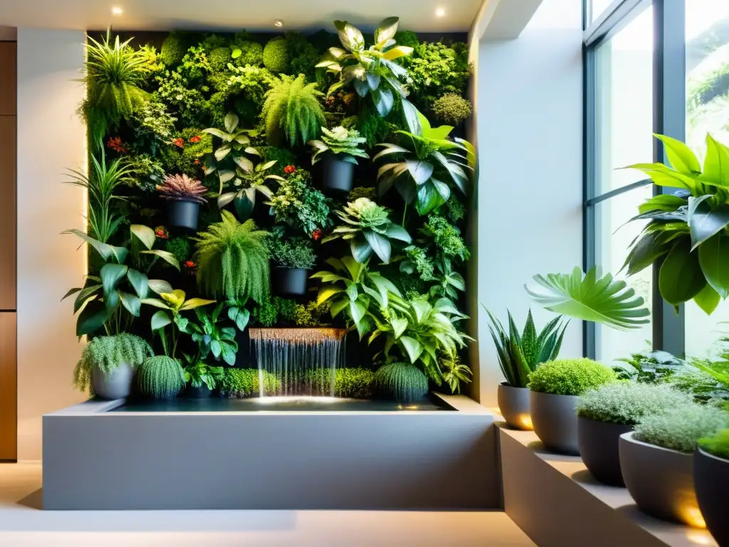 Un hermoso huerto vertical feng shui naturaleza, con plantas cuidadosamente arregladas, agua fluida y una atmósfera serena