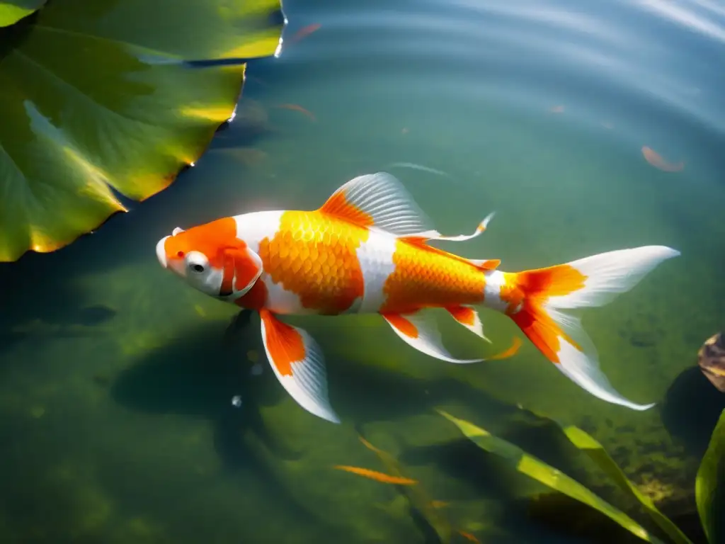 Un hermoso pez koi nadando en un estanque tranquilo, rodeado de naturaleza exuberante y colores vibrantes