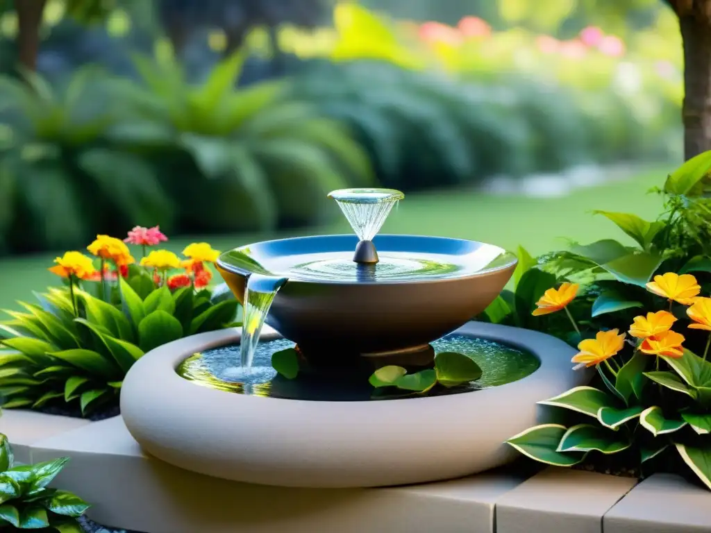 Un hermoso y sereno fuente de agua en un jardín tranquil, rodeado de exuberante vegetación y flores vibrantes