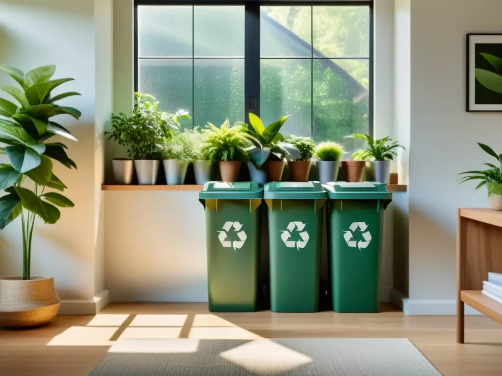 Un hogar armonioso y ecológico con reciclaje organizado y luz natural